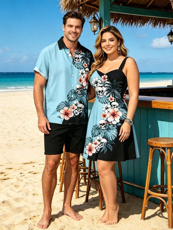 Vacation Couple Outfit Colorblock Hibiscus Floral Monstera Leaf Skulls Print Ruched Bust Dress and Shirt Set - Bleu clair S | US 4