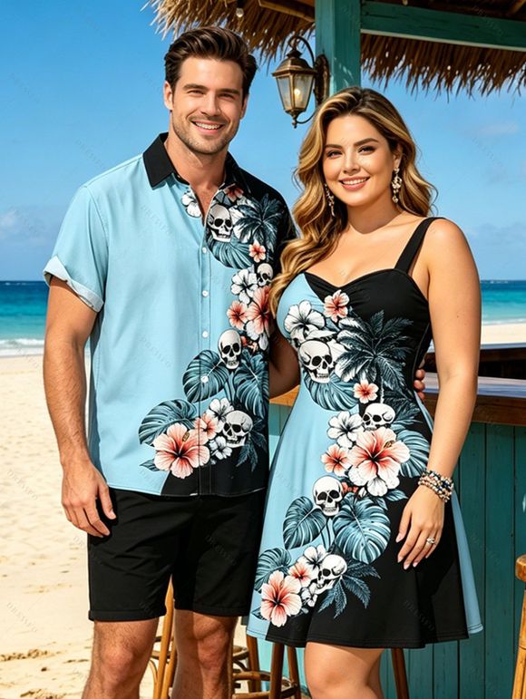 Vacation Couple Outfit Colorblock Hibiscus Floral Monstera Leaf Skulls Print Ruched Bust Dress and Shirt Set - Bleu clair S | US 4