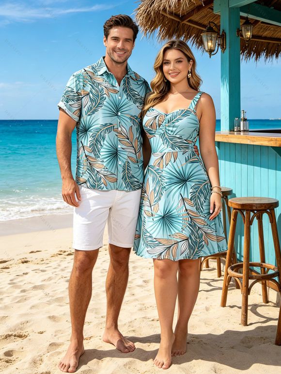 Hawaiian Couple Outfit Tropical Palm Leaf Print Ruched Bust Mini Dress and Shirt Set - Bleu clair S | US 4