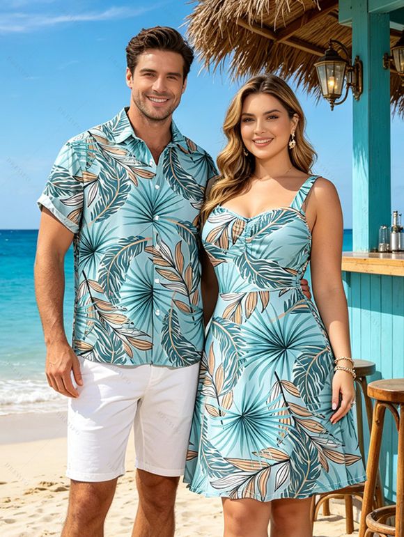 Hawaiian Couple Outfit Tropical Palm Leaf Print Ruched Bust Mini Dress and Shirt Set - Bleu clair S | US 4
