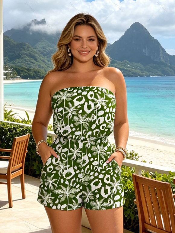 Hawaiian Vacation Couple Outfit Coconut Tree Leopard Print Pocket Off the Shoulder Romper and Shirt Set - PLANT GREEN S | US 4