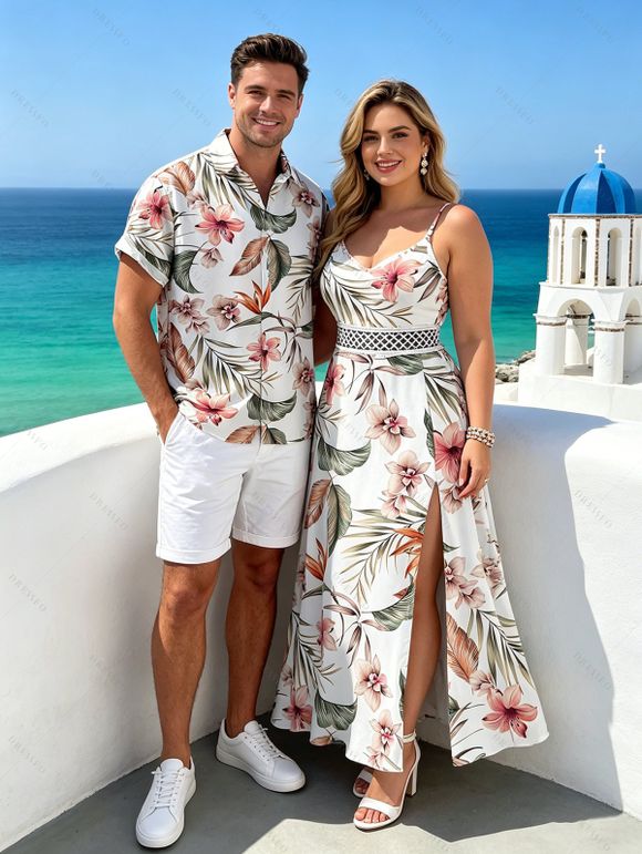Hawaiian Couple Outfit Tropical Flower Leaf Print Lace Hollow Out Slit Dress and Shirt Set - Blanc S | US 4