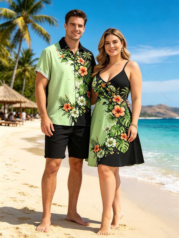 Vacation Couple Outfit Contrast Color Hibiscus Floral Monstera Leaf Print Spaghetti Strap Dress and Shirt Set - Vert clair S | US 4