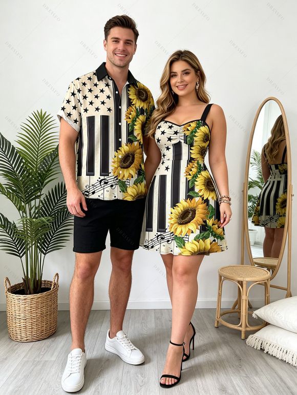 Vintage Couple Outfit Sunflower Star Striped Music Notes Print Ruched Bust Mini Dress and Shirt Set - Noir S | US 4