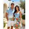 Vacation Couple Outfit Ombre Parrot Tropical Leaf Hibiscus Floral Print Ruched Bust Dress and Shirt Set - POWDER BLUE S | US 4