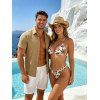 Beach Vacation Couple Outfit Tropical Coconut Tree Print Halter Bikini Swimsuit and Hollow Out Shirt Set - LIGHT COFFEE S | US 4