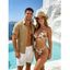 Beach Vacation Couple Outfit Tropical Coconut Tree Print Halter Bikini Swimsuit and Hollow Out Shirt Set - LIGHT COFFEE S | US 4