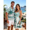 Hawaii Vacation Beach Palm Tree Print Belted Mini Dress And Short Sleeve Shirt Matching Outfit - Vert clair S | US 4
