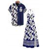 Hawaii Vacation Couple Outfit Plumeria Floral Tribal Print Twisted Cut Out Bowknot Slit Halter Dress and Shirt Set - Bleu profond S | US 4