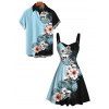 Vacation Couple Outfit Colorblock Hibiscus Floral Monstera Leaf Skulls Print Ruched Bust Dress and Shirt Set - Bleu clair S | US 4
