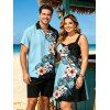 Vacation Couple Outfit Colorblock Hibiscus Floral Monstera Leaf Skulls Print Ruched Bust Dress and Shirt Set - Bleu clair S | US 4