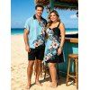 Vacation Couple Outfit Colorblock Hibiscus Floral Monstera Leaf Skulls Print Ruched Bust Dress and Shirt Set - Bleu clair S | US 4