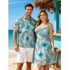 Hawaiian Couple Outfit Tropical Palm Leaf Print Ruched Bust Mini Dress and Shirt Set - Bleu clair S | US 4