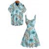 Hawaiian Couple Outfit Tropical Palm Leaf Print Ruched Bust Mini Dress and Shirt Set - Bleu clair S | US 4