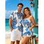 Hawaiian Vacation Couple Outfit Colorblock Palm Leaf Print Pocket Off the Shoulder Romper and Shirt Set - Blanc S | US 4