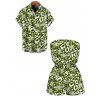 Hawaiian Vacation Couple Outfit Coconut Tree Leopard Print Pocket Off the Shoulder Romper and Shirt Set - PLANT GREEN S | US 4
