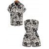 Hawaiian Vacation Couple Outfit Monochrome Vintage Floral Bird Print Pocket Off the Shoulder Romper and Shirt Set - Noir S | US 4