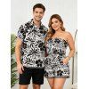 Hawaiian Vacation Couple Outfit Monochrome Vintage Floral Bird Print Pocket Off the Shoulder Romper and Shirt Set - Noir S | US 4