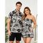 Hawaiian Vacation Couple Outfit Monochrome Vintage Floral Bird Print Pocket Off the Shoulder Romper and Shirt Set - Noir S | US 4