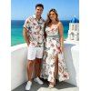 Hawaiian Couple Outfit Tropical Flower Leaf Print Lace Hollow Out Slit Dress and Shirt Set - Blanc S | US 4