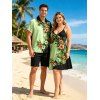Vacation Couple Outfit Contrast Color Hibiscus Floral Monstera Leaf Print Spaghetti Strap Dress and Shirt Set - Vert clair S | US 4