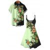 Vacation Couple Outfit Contrast Color Hibiscus Floral Monstera Leaf Print Spaghetti Strap Dress and Shirt Set - Vert clair S | US 4