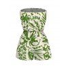 Beach Vacation Couple Outfit Line Art Floral Leaf Print Pocket Off the Shoulder Romper and Shirt Set - PLANT GREEN S | US 4