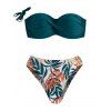 Beach Vacation Couple Outfit Colorblock Twisted Ruched Tropical Leaf Print Bikini Swimsuit and Shorts Set - PLANT GREEN S | US 4