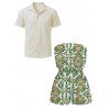 Vacation Couple Outfit Vintage Ethnic Floral Print Pocket Off the Shoulder Romper and Hollow Out Shirt Set - Vert S | US 4
