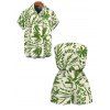 Beach Vacation Couple Outfit Line Art Floral Leaf Print Pocket Off the Shoulder Romper and Shirt Set - PLANT GREEN S | US 4