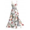 Hawaiian Dress Tropical Flower Leaf Print Lace Hollow Out Slit Spaghetti Strap Dress - Blanc XXXXXL | US 20