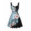 Vacation Dress Colorblock Hibiscus Floral Monstera Leaf Skulls Print Ruched Bust Mini Dress - Bleu clair XXXXXL | US 20