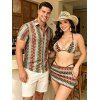 Beach Bohemian Couple Outfit Arrow Ethnic Print Lace Up Skirt 3 pcs Bikini Swimsuit and Shirt Set - multicolor S | US 4