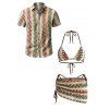 Beach Bohemian Couple Outfit Arrow Ethnic Print Lace Up Skirt 3 pcs Bikini Swimsuit and Shirt Set - multicolor S | US 4