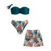 Beach Vacation Couple Outfit Colorblock Twisted Ruched Tropical Leaf Print Bikini Swimsuit and Shorts Set - PLANT GREEN S | US 4
