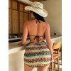 Beach Vacation 3 pcs Bikini Swimsuit Arrow Ethnic Print Lace Up Skirt Swimwear Set - multicolor L | US 8-10