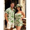 Beach Vacation Couple Outfit Line Art Floral Leaf Print Pocket Off the Shoulder Romper and Shirt Set - PLANT GREEN S | US 4