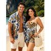 Vacation Vintage Couple Outfit Paisley Floral Leaf Print Pocket Off the Shoulder Romper and Shirt Set - Bleu Marine S | US 4