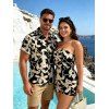 Beach Vacation Couple Outfit Tropical Monstera Palm Leaf Print Pocket Off the Shoulder Romper and Shirt Set - BLACK S | US 4