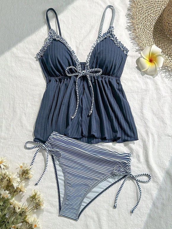 Vacation Tankini Swimsuit Colorblock Ruffle Bowknot Textured Tied Striped Print Beach Swimwear Set - Bleu profond XL | US 10