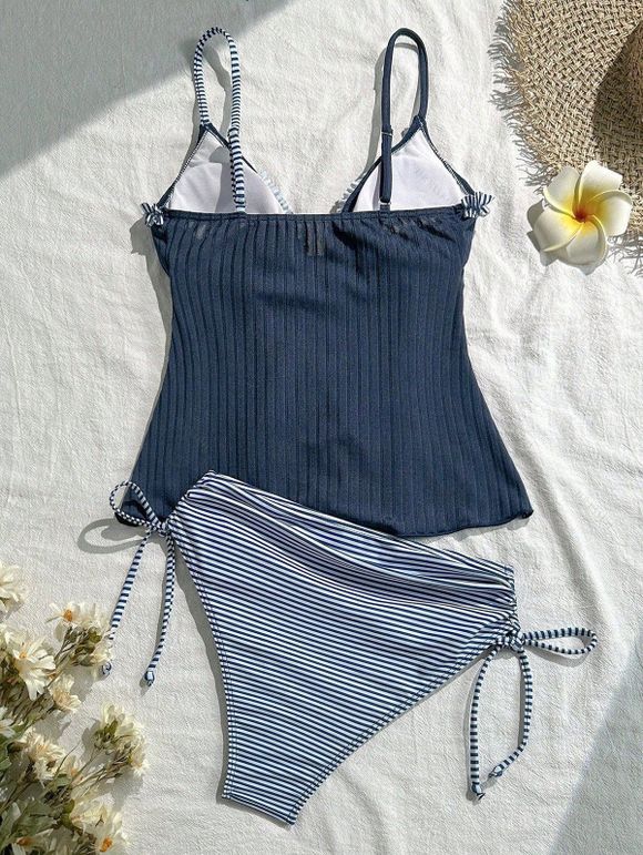 Vacation Tankini Swimsuit Colorblock Ruffle Bowknot Textured Tied Striped Print Beach Swimwear Set - Bleu profond XL | US 10