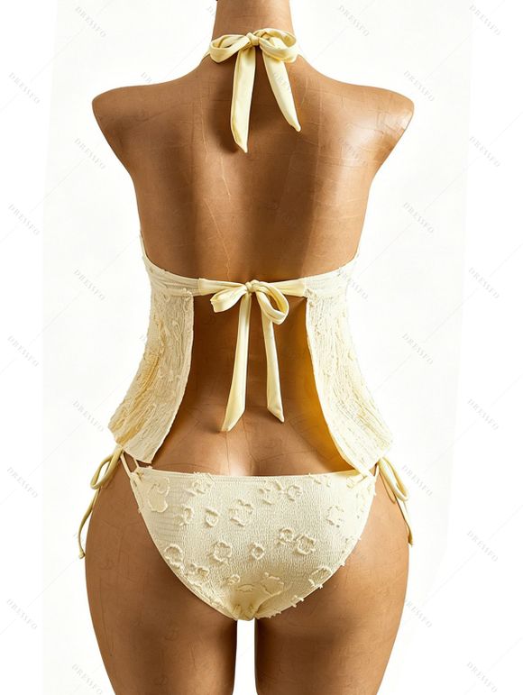 Beach Tankini Swimsuit Solid Color Jacquard Lace Tied High Cut Briefs Halter Swimwear Set - Jaune clair XXL | US 12
