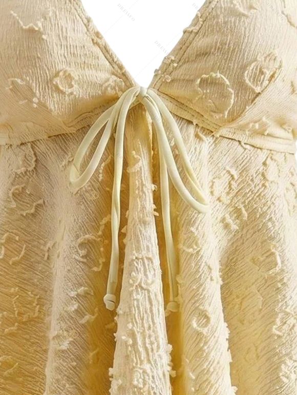 Beach Tankini Swimsuit Solid Color Jacquard Lace Tied High Cut Briefs Halter Swimwear Set - Jaune clair XXL | US 12