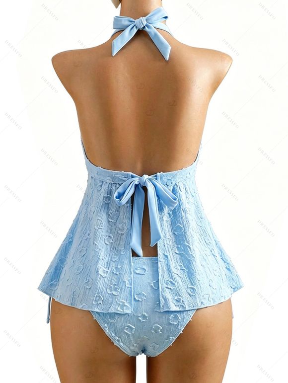 Beach Tankini Swimsuit Solid Color Jacquard Lace Tied High Cut Briefs Halter Swimwear Set - Bleu Poudre XXL | US 12
