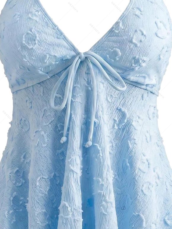 Beach Tankini Swimsuit Solid Color Jacquard Lace Tied High Cut Briefs Halter Swimwear Set - Bleu Poudre XXL | US 12