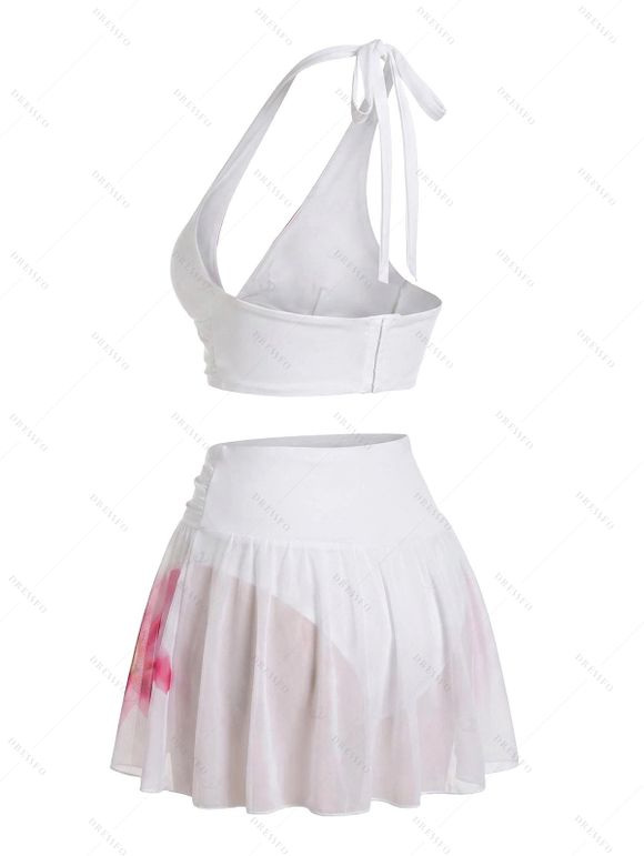 Vacation Bikini Swimsuit Watercolor Floral Print Mesh Irregular Skirt Halter Beach Swimwear Set - Blanc XL | US 10