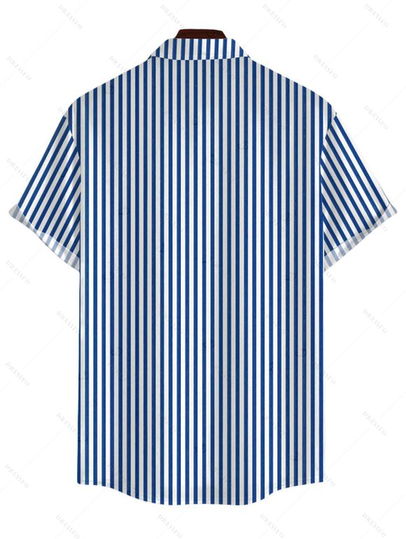 Men's Beach Vacation Shirt Bicolor Striped Print Button Up Shirt - Bleu Marine 5XL