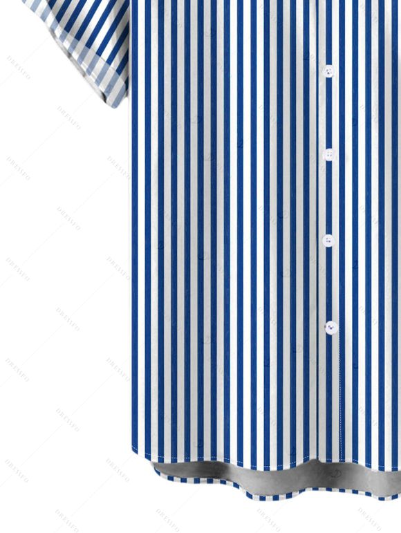 Men's Beach Vacation Shirt Bicolor Striped Print Button Up Shirt - Bleu Marine 5XL