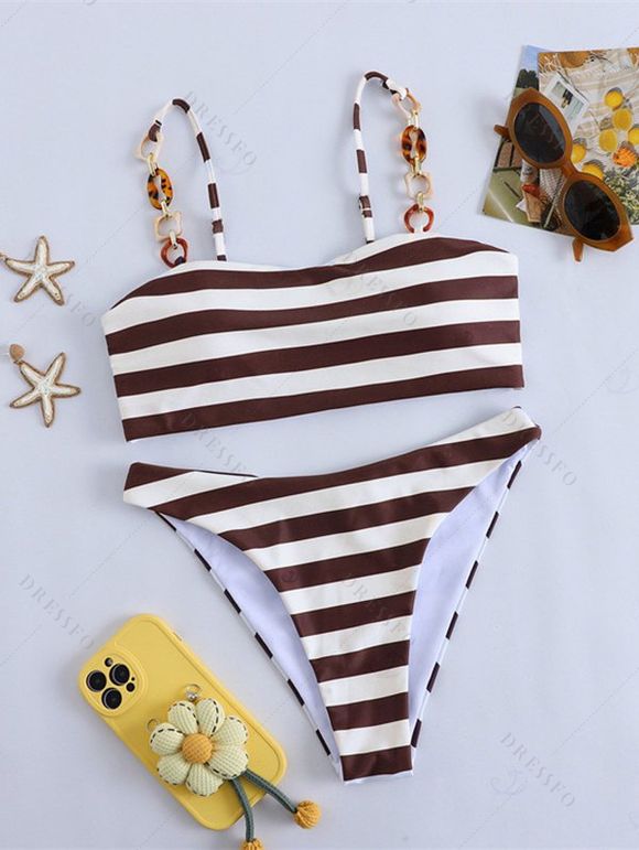 Beach Tankini Swimsuit Striped Print Ring Strap High Cut Briefs Swimwear Set - marron foncé L | US 8