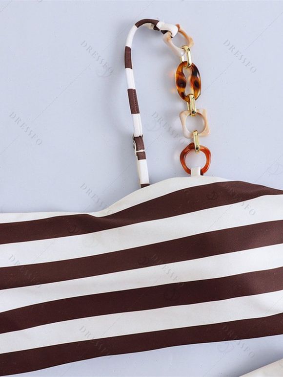 Beach Tankini Swimsuit Striped Print Ring Strap High Cut Briefs Swimwear Set - marron foncé L | US 8